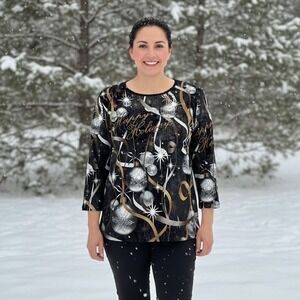 Jess & Jane Womens M Happy Holidays Top Shirt Metallic Rhinestone Artsy